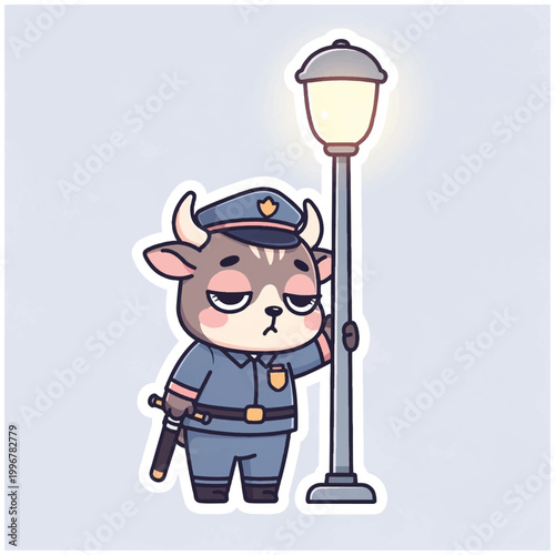 Cartoon police officer bull standing by lamppost with baton.