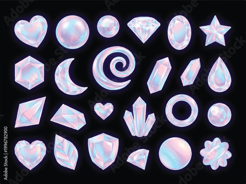 Collection of holographic pastel jewels and precious stones in various shapes and forms  hearts moons stars crystals and more on dark background