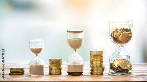 Time is Money Concept Hourglasses and Coins Stacked Progress.