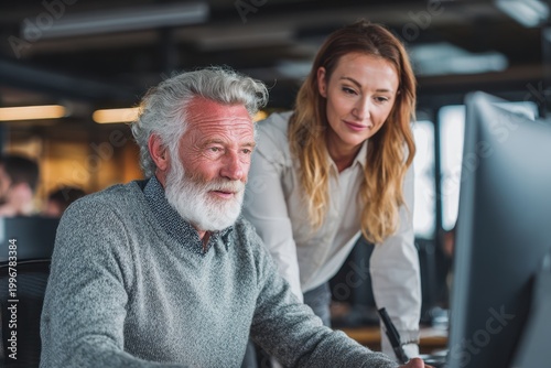Senior worker and younger colleague looking at computer screen together