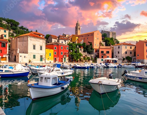 boats in a picturesque harbor town.