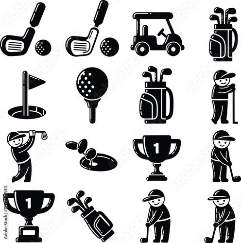 Golf icons: players, trophies, carts, and equipment collection