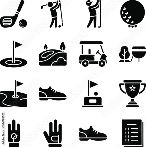 Golf icons collection: clubs, carts, trophies, balls, and course