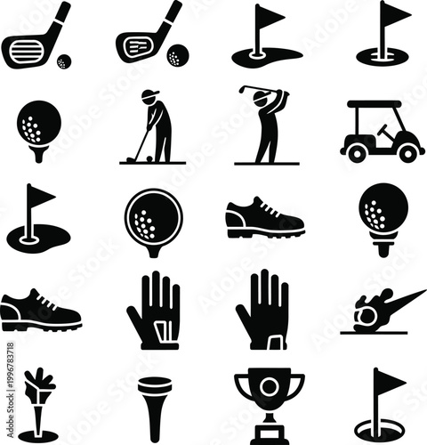 Golf icons: shoes, gloves, clubs, balls, carts, and flags