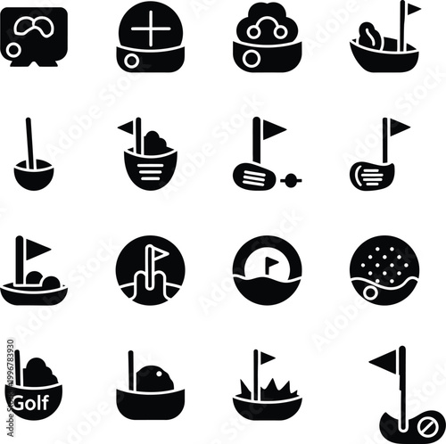 Abstract golf icons: holes, flags, tees, and balls