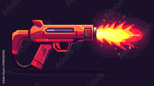 Digital illustration of a red stylized futuristic weapon firing a stream of light against dark background