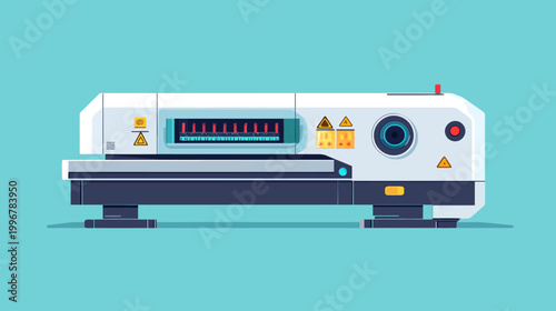 Flat illustration of a large industrial machine, featuring a control panel and complex internal mechanisms