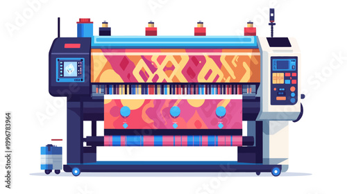 A stylized illustration of a large format printer with colorful designs in production