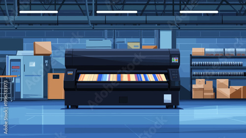 Pixelated artwork depicts a print shop interior with a large printer as a focal point