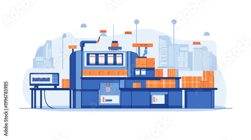 A stylized illustration featuring machinery with boxes and computer in a production environment