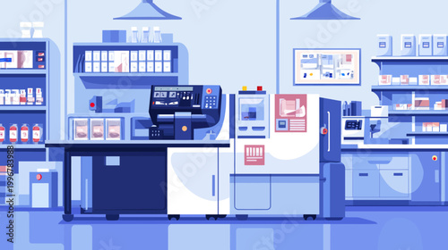 A stylized interior of a medical lab or modern industrial space rendered in cool blues