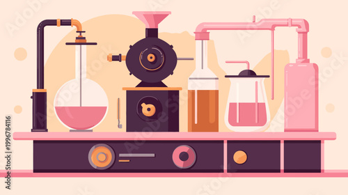 A flat illustration of a vintage chemistry lab setup, with flasks and pipes