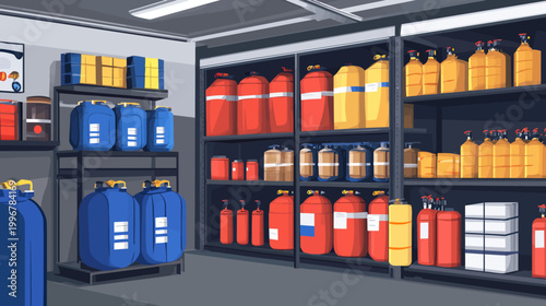 Pixelated illustration of a storage room filled with various red, yellow, and blue containers