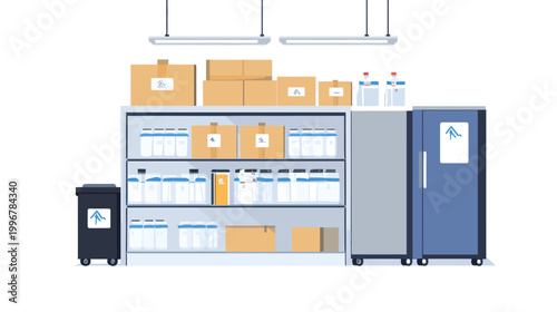 Illustration of a storage room, with shelves holding boxes, containers, bottles, and a trash can