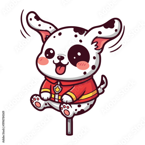Adorable cartoon Dalmatian puppy dressed as a firefighter, joyfully jumping with its tongue out and ears flapping.
