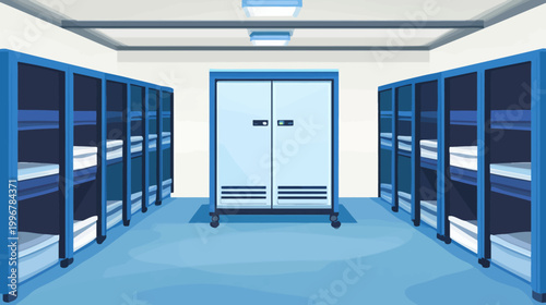 Cartoon-style illustration of a storage room with blue shelving units and a central cabinet