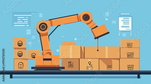 A robotic arm sorting packages on a conveyor belt, with digital displays in the background