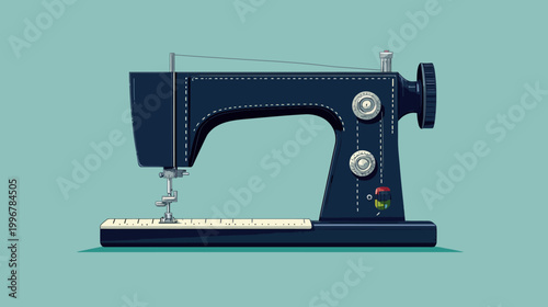 A dark blue sewing machine illustrated against a muted teal backdrop, a minimalist design