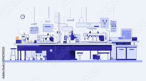A stylized illustration of a clothing factory or workshop with sewing machines and equipment