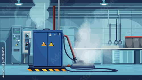 A stylized illustration depicting an industrial interior with machinery and steam