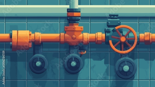 Stylized illustration of orange pipes and valves set against a teal-tiled wall