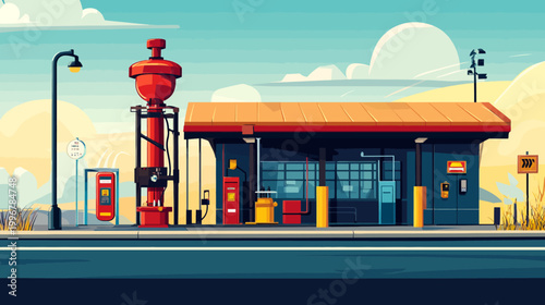 A stylized illustration depicting a vintage gas station scene, featuring a fuel pump and a retro aesthetic