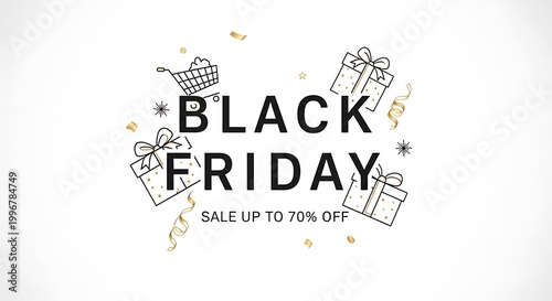 Black Friday sale banner with hand-drawn shopping gifts and discount up to 70 percent on white background