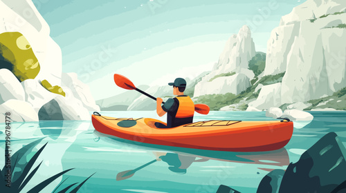 Illustration of person kayaking on a lake with rocky cliffs in background. Calm water and blue sky