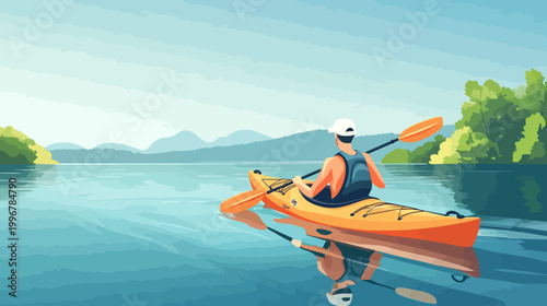 A person paddles a kayak on a serene lake, mountains and trees in the background, pixelated illustration