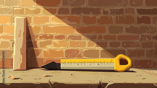 A stylized illustration features a hand saw resting on a surface against a brick wall, bathed in light