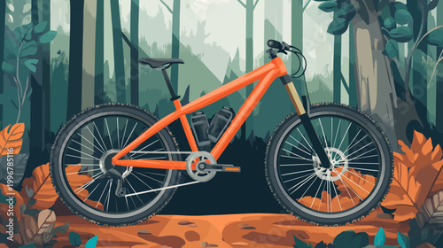 An illustration depicting a mountain bike, framed against a forest background, conveying an outdoorsy theme
