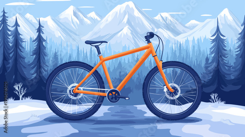A vibrant orange bicycle sits in a snowy landscape. Mountain scenery and dark trees are in the background