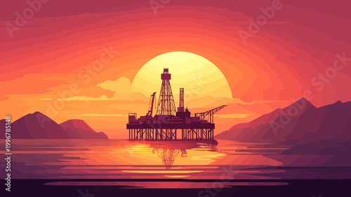 Pixelated artwork of an offshore oil rig with sunset hues, water reflection, and mountains