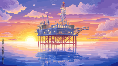 Pixelated illustration of an offshore oil platform at sunset with orange hues. Ocean reflections