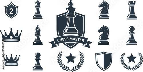 Chess Master Icons Set with King Strategy Symbols