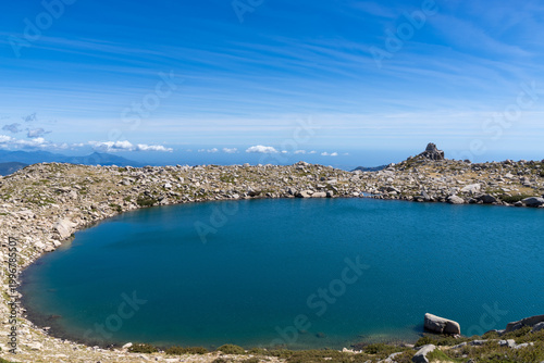 Mountain lake reflecting blue sky in clear water