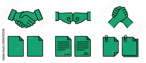 Business Handshake and Documents Icon Set, Professional Agreement Symbols, Partnership Contract Illustrations for Corporate Communication, Office Workflow Elements, Teamwork and Collaboration Vector G