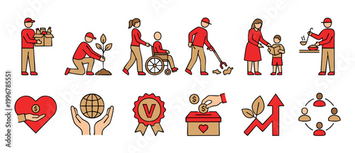 Volunteer Charity Icons Set, Social Responsibility and Community Service Graphics, Helping People and Environmental Care Symbols for Non-Profit Organizations and Sustainable Development Projects Illus