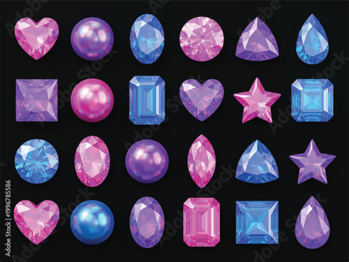 Collection of various pink and blue gemstones and pearls in different shapes and cuts  heart star round square