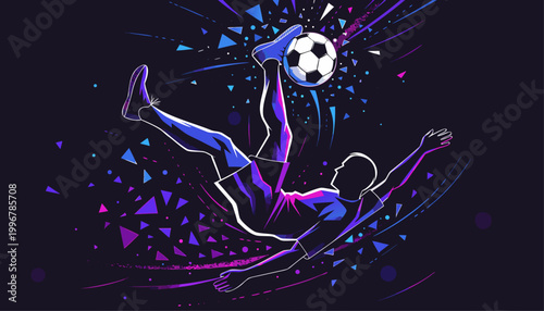 A vibrant illustration of a soccer player kicking a ball in mid-air with a dynamic background