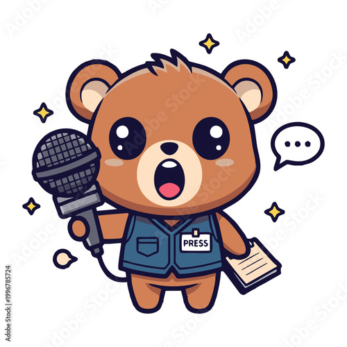 A cute cartoon bear dressed as a reporter, holding a microphone and a notepad, with a 'PRESS' badge on its vest.