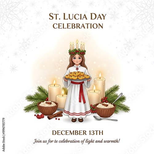 St. Lucia Day celebration with traditional Swedish girl holding saffron buns and candles