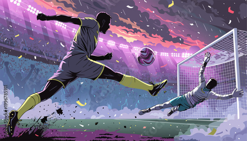 A soccer player kicking the ball into the goal while the goalkeeper tries to block it in a stadium