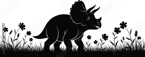 Black Triceratops Walking in Grass with Flowers Silhouette
