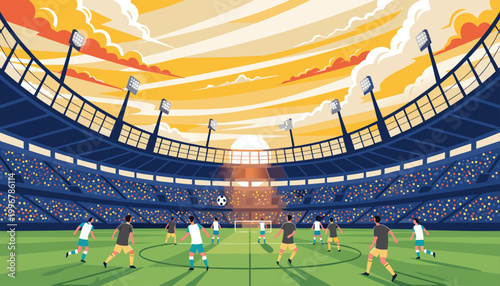 A vibrant illustration of a soccer game in a stadium at sunset with a crowd of spectators