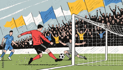 A vibrant illustration of a soccer player kicking the ball into the goal with a cheering crowd in the background.