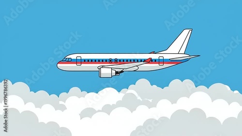 Airplane flying through blue sky clouds.
