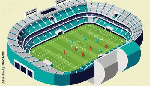 A vibrant vector illustration of a soccer stadium with players in action on the field