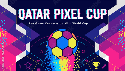 A vibrant vector graphic illustration of a soccer ball with pixel art design for the Qatar Pixel Cup