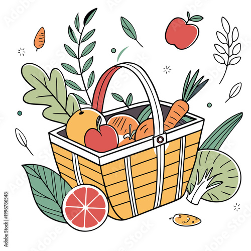 fresh harvest basket with organic fruits and vegetables flat design vector illustration